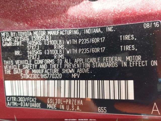 5TDKZ3DC1HS770320 Toyota Sienna Le 8 Passenger