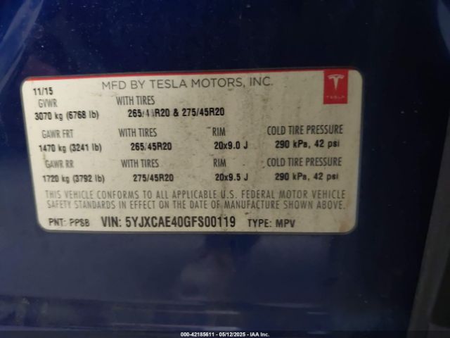 2016 TESLA MODEL X 5YJXCAE40GFS00119 Photo 8