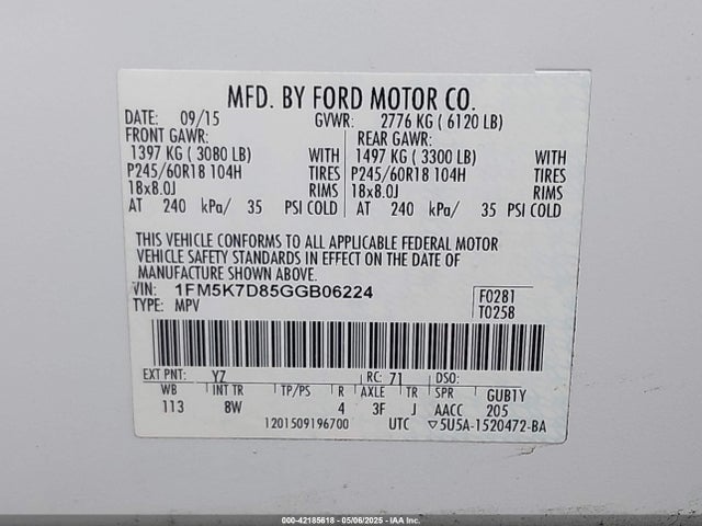 Ford EXPLORER XLT 2016 1FM5K7D85GGB06224 Image 9