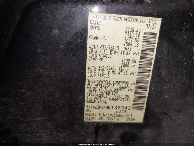 5N1AZ2MG4HN138342 Nissan Murano Platinum