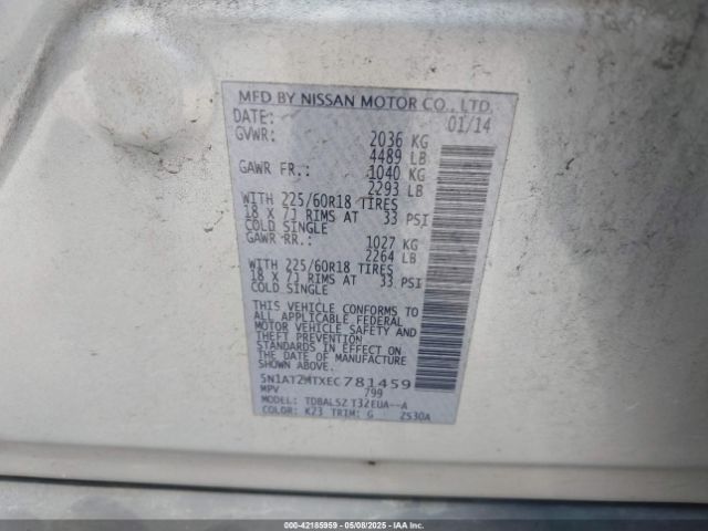 5N1AT2MTXEC781459 Nissan Rogue Sl