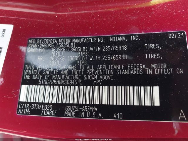 5TDGZRBH8MS094515 Toyota Highlander Xle