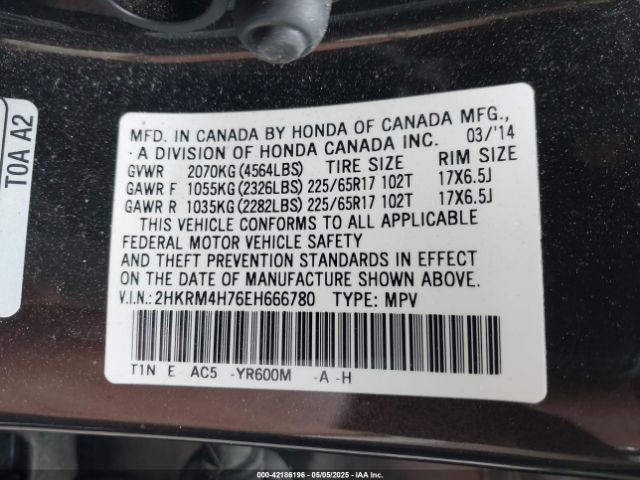 2HKRM4H76EH666780 Honda Cr-v Ex-l