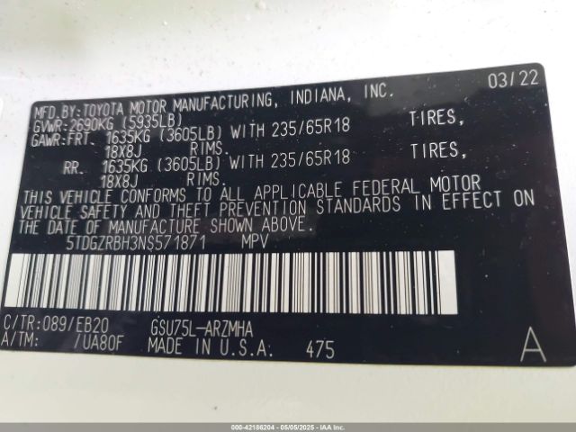 2022 TOYOTA HIGHLANDER 5TDGZRBH3NS571871 Photo 8