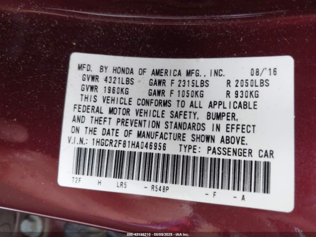 1HGCR2F81HA046956 Honda Accord Ex-l