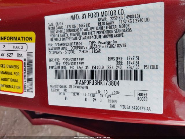3FA6P0PU3HR173804 Ford Fusion Energi Se Luxury