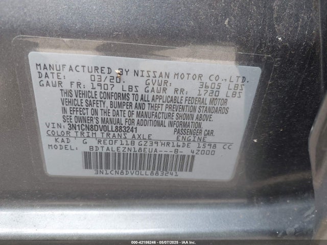 3N1CN8DV0LL883241 Nissan Versa S Xtronic Cvt