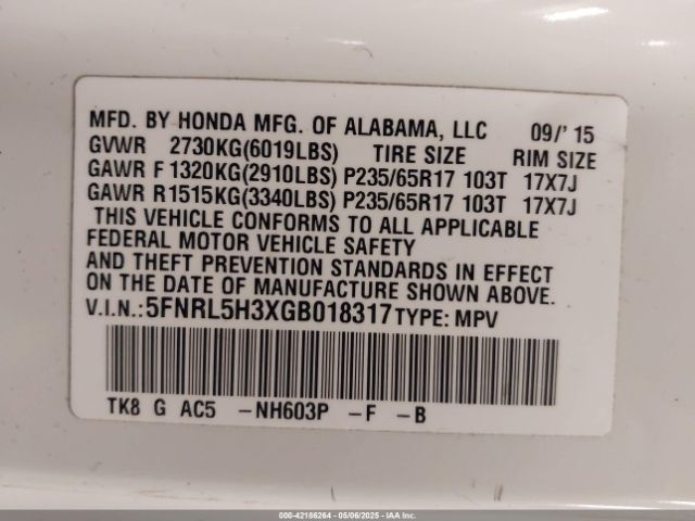 5FNRL5H3XGB018317 Honda ODYSSEY SE