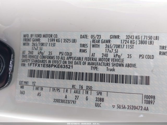 1FTFX1E58PKE63521 Ford F-150 Xl