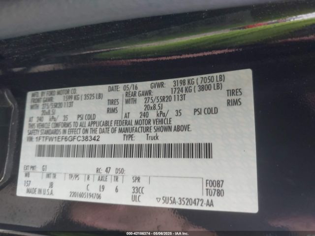 1FTFW1EF6GFC38342 Ford F-150 Xlt
