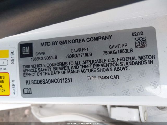 KL8CD6SA0NC011251 Chevrolet Spark Fwd 1lt Automatic