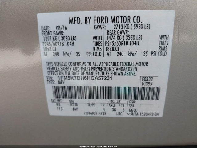 1FM5K7DH6HGA57231 Ford EXPLORER XLT