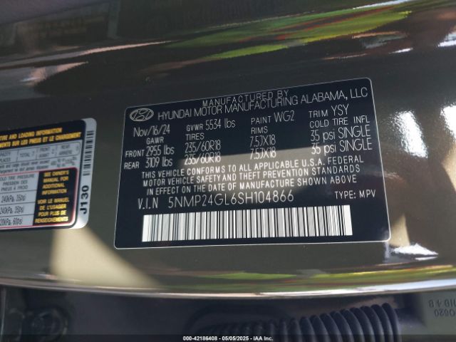 5NMP24GL6SH104866 Hyundai Santa Fe Sel
