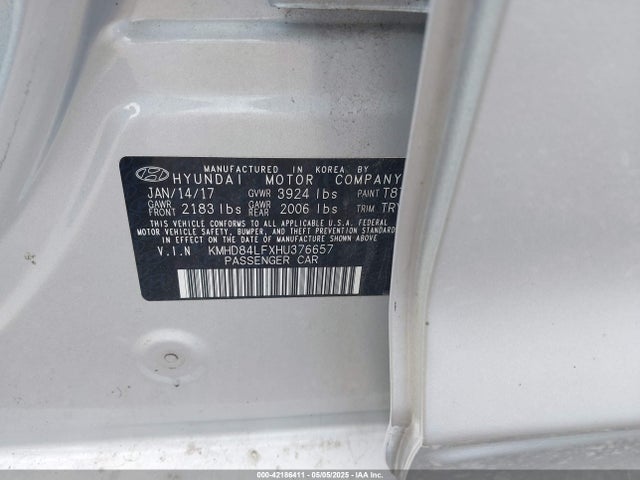 KMHD84LFXHU376657 Hyundai Elantra Value Edition