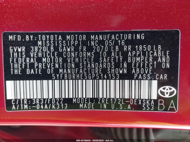 5YFBURHE5GP514153 Toyota Corolla S Plus
