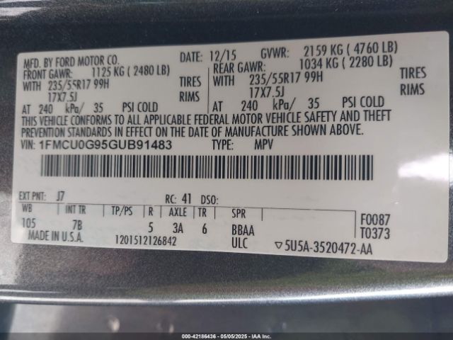 1FMCU0G95GUB91483 Ford ESCAPE SE