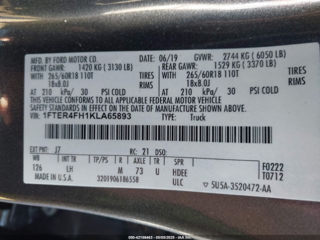 1FTER4FH1KLA65893 Ford Ranger Xlt