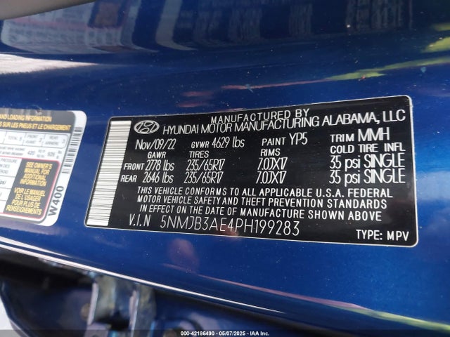 5NMJB3AE4PH199283 Hyundai gdi theta iii