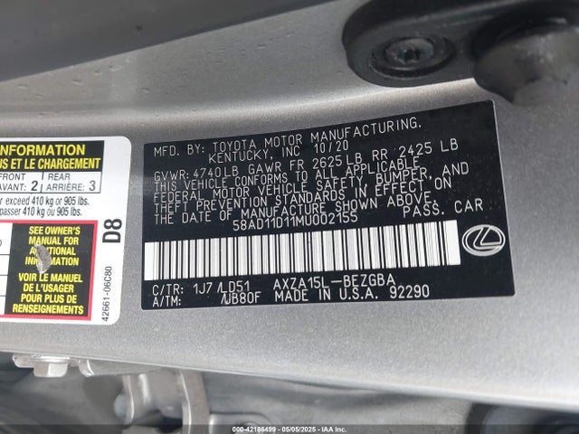 Lexus ES 250 2021 58AD11D11MU002155 Image 9