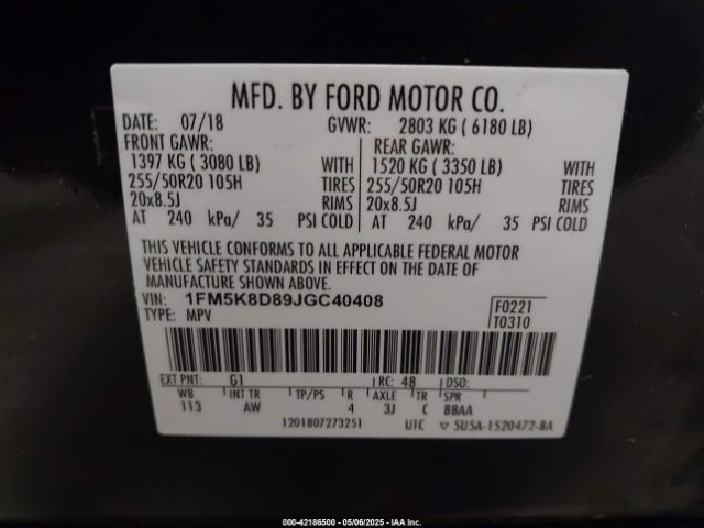 1FM5K8D89JGC40408 Ford EXPLORER XLT
