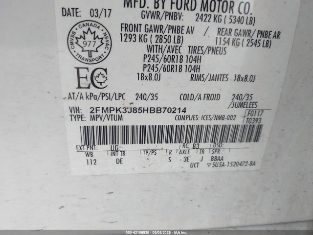 Ford EDGE SEL 2017 2FMPK3J85HBB70214 Image 9