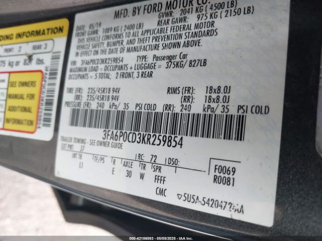 3FA6P0CD3KR259854 Ford FUSION SEL