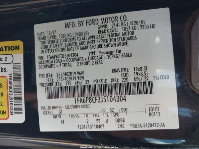 1FA6P8CF3J5104304 Ford Mustang Gt Premium