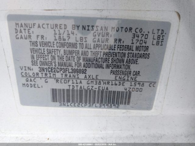 3N1CE2CP3FL399892 Nissan Versa Note Sr