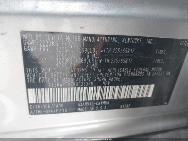 4T3RWRFV7RU135370 Toyota Rav4 Hybrid Xle