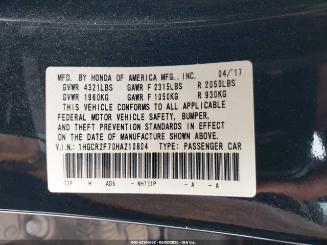 1HGCR2F70HA210804 Honda ACCORD EX