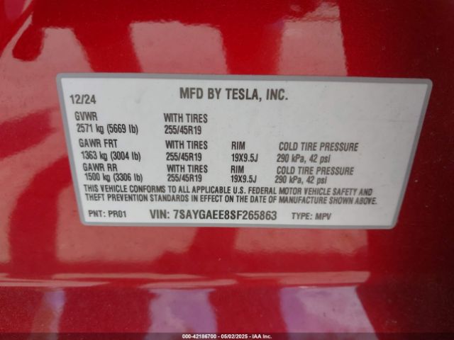 7SAYGAEE8SF265863 Tesla Model Y Long Range Dual Motor All-wheel Drive