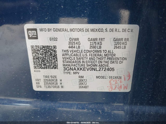 3GNAXKEV0NL272405 Chevrolet Equinox Fwd Lt