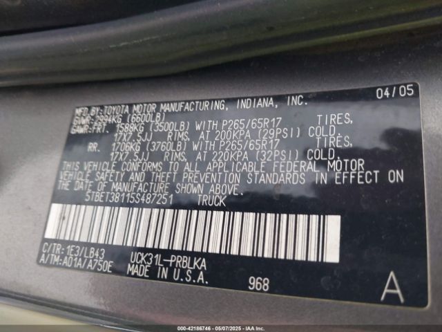 2005 TOYOTA TUNDRA 5TBET38115S487251 Photo 8