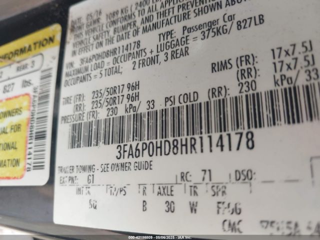 3FA6P0HD8HR114178 Ford FUSION SE