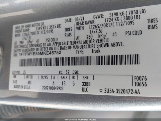 1FTFW1E55MKE45752 Ford F-150 Xlt