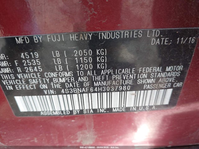 4S3BNAF64H3037980 Subaru Legacy 2.5i Premium