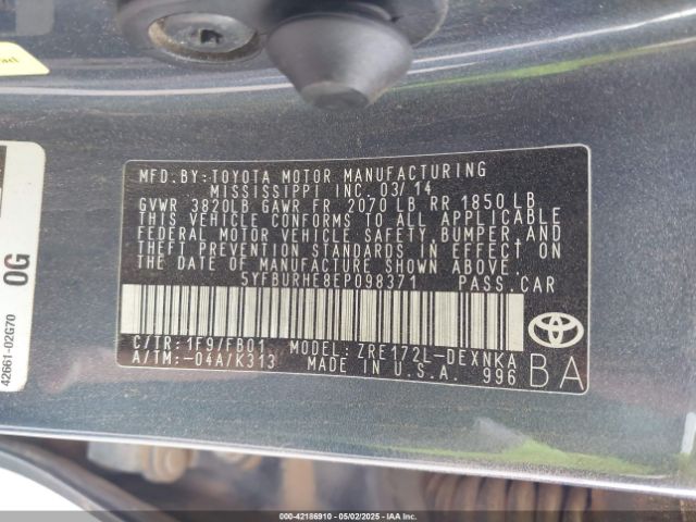 5YFBURHE8EP098371 Toyota Corolla L/le/le Pls/prm/s/s Pls