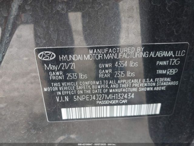 5NPEJ4J27MH132434 Hyundai Sonata Sel Plus