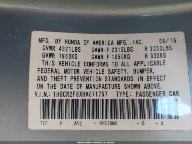 1HGCR2F8XHA071757 Honda Accord Ex-l