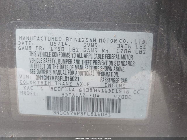3N1CN7AP8FL816021 Nissan 2015