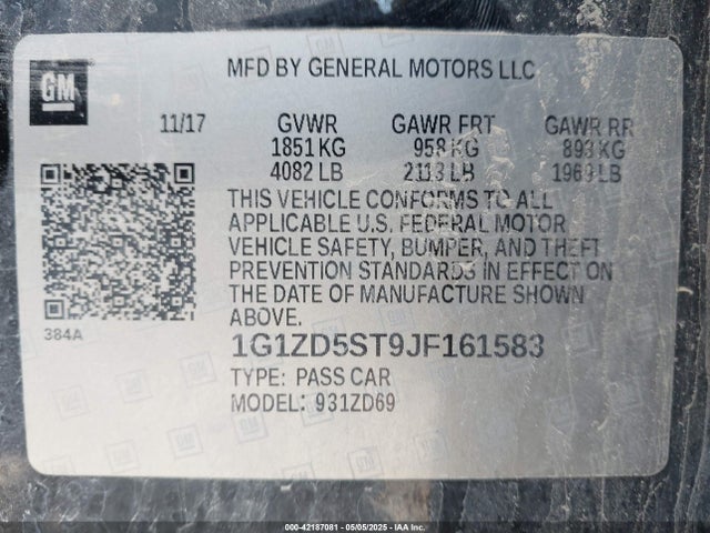 1G1ZD5ST9JF161583 Chevrolet lfv - direct injection, variable valve timing, gen 1
