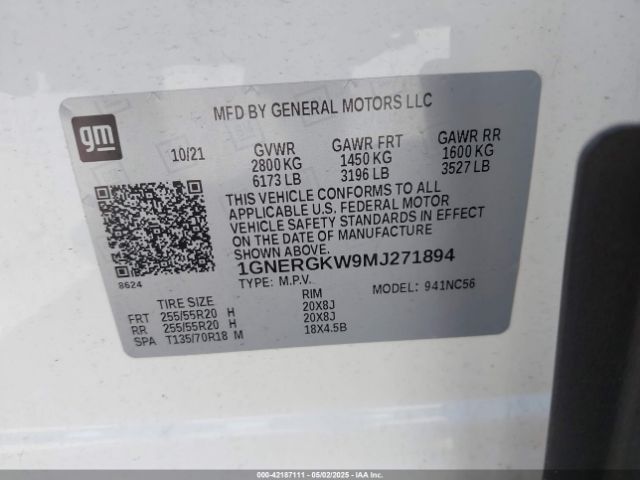 1GNERGKW9MJ271894 Chevrolet Traverse Fwd Lt Cloth