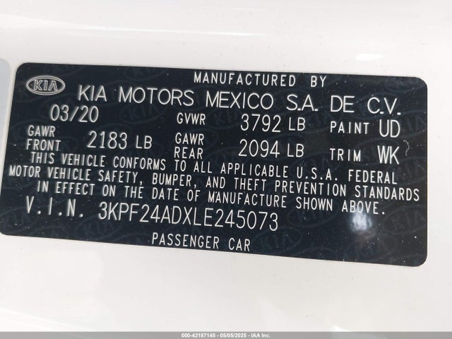 3KPF24ADXLE245073 KIA Forte Lxs