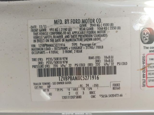 2012 FORD MUSTANG 1ZVBP8AMXC5271916 Photo 8