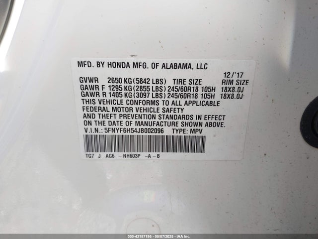 5FNYF6H54JB002096 Honda Pilot Ex-l