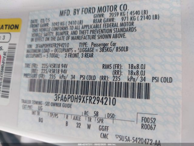3FA6P0H9XFR294210 Ford FUSION SE