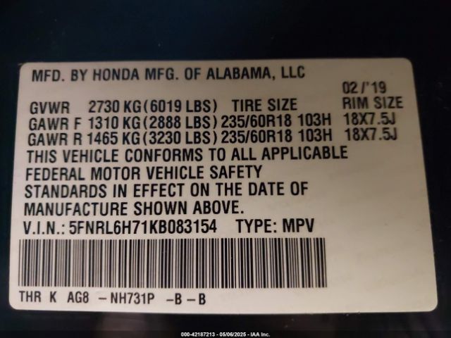 5FNRL6H71KB083154 Honda Odyssey Ex-l