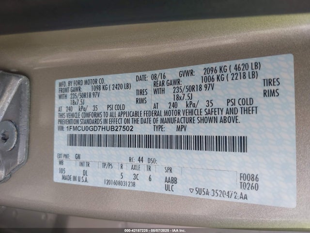 1FMCU0GD7HUB27502 Ford ESCAPE SE