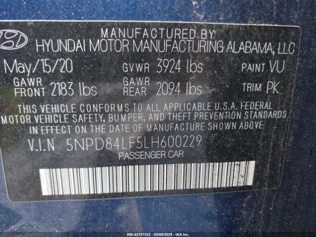 5NPD84LF5LH600229 Hyundai ELANTRA SEL