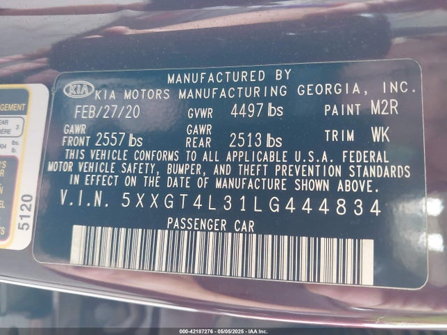 5XXGT4L31LG444834 KIA Optima Lx
